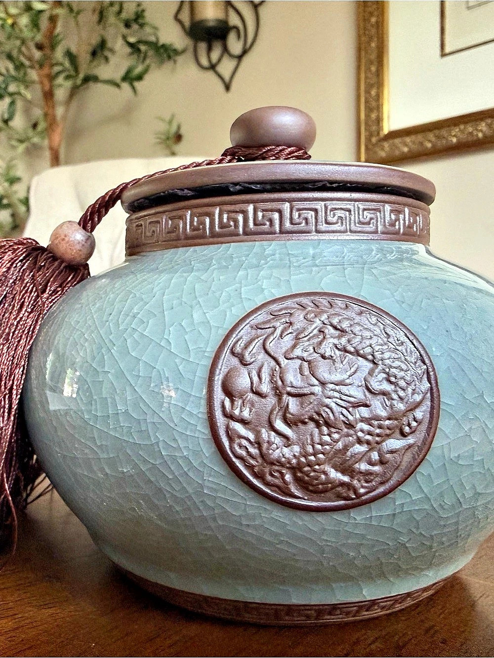 Celadon Green & Brown Lidded Decorative Jar with Tassel